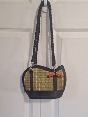 Baskets Of Cambodia Woven Mini Shoulder Bag - Black / Green Grass Straw